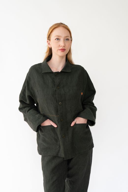 Dark Green Linen Utility Jacket-Coats & Jackets-STABLE of Ireland