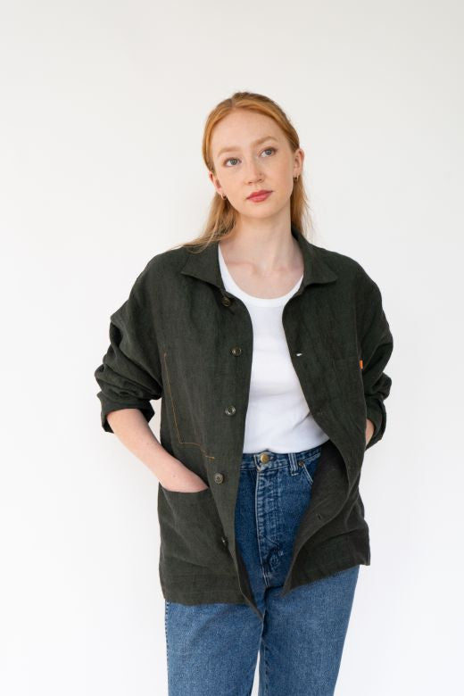 Dark Green Linen Utility Jacket-Coats & Jackets-STABLE of Ireland