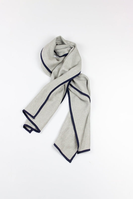 Dove Grey with Navy Trim High Five Linen Scarf-Scarves & Shawls-STABLE of Ireland