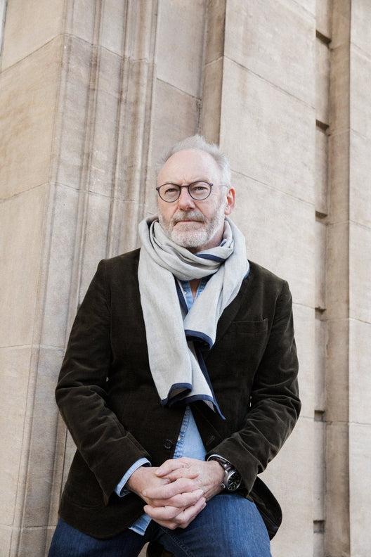 Dove Grey with Navy Trim High Five Linen Scarf-Scarves &amp; Shawls-STABLE of Ireland