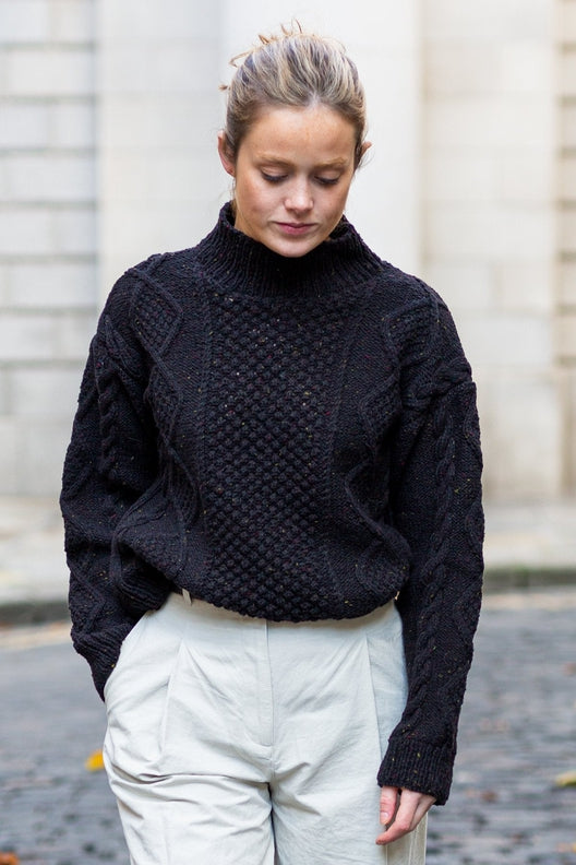 Black Aran Hand-Knit Jumper-Jumper-STABLE of Ireland