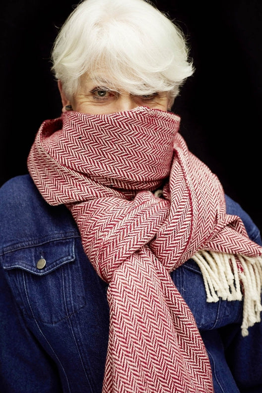 Red Handwoven Herringbone Scarf-Scarves & Shawls-STABLE of Ireland