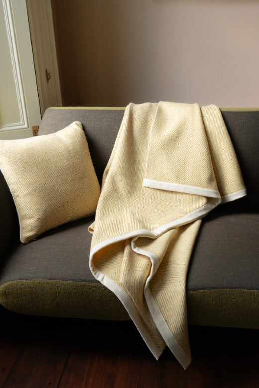 Handwoven Pressed Herringbone Tweed trimmed Blanket in Butter Yellow-Blankets-STABLE of Ireland