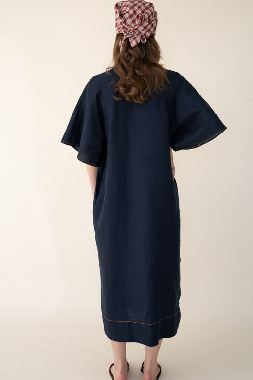 Navy Blue Irish Linen Kaftan Dress-Dresses-STABLE of Ireland