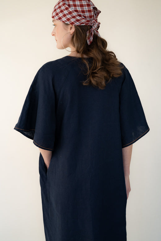 Navy Blue Irish Linen Kaftan Dress-Dresses-STABLE of Ireland