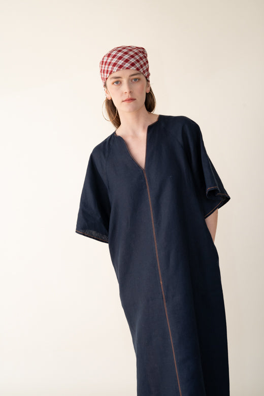 Navy Blue Irish Linen Kaftan Dress-Dresses-STABLE of Ireland