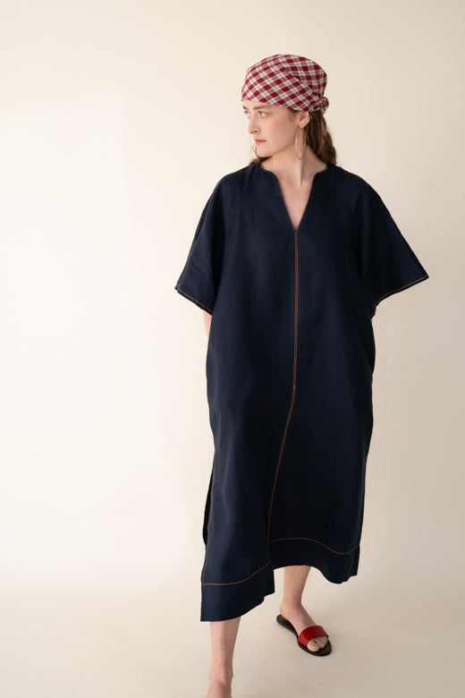 Navy Blue Irish Linen Kaftan Dress-Dresses-STABLE of Ireland