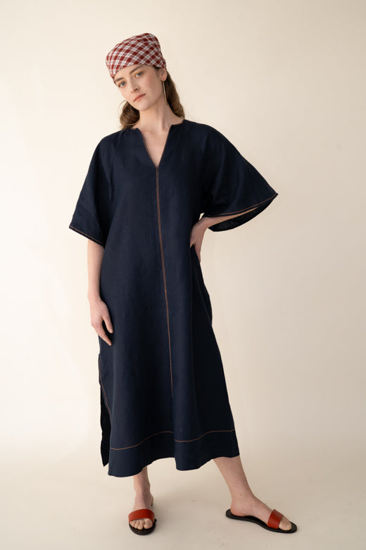 Navy Blue Irish Linen Kaftan Dress-Dresses-STABLE of Ireland