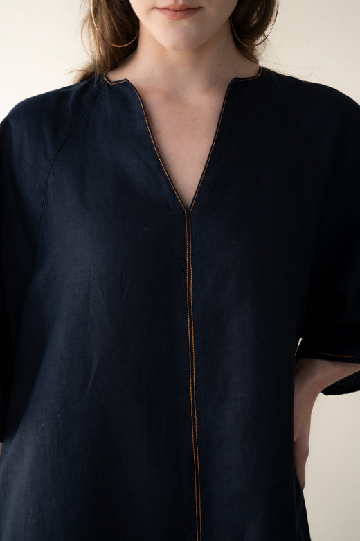 Navy Blue Irish Linen Kaftan Dress-Dresses-STABLE of Ireland