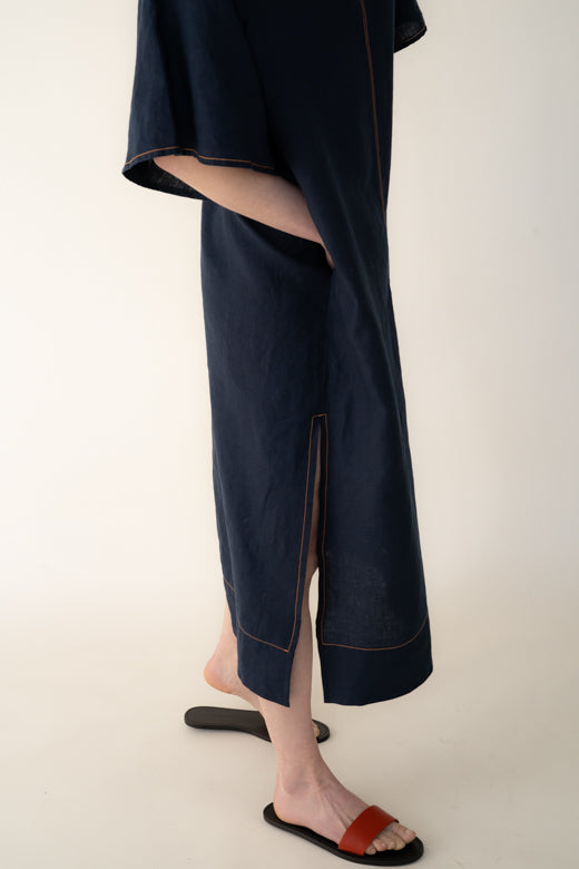 Navy Blue Irish Linen Kaftan Dress-Dresses-STABLE of Ireland