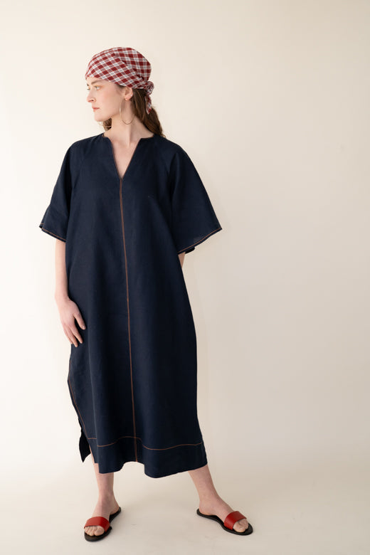 Navy Blue Irish Linen Kaftan Dress-Dresses-STABLE of Ireland