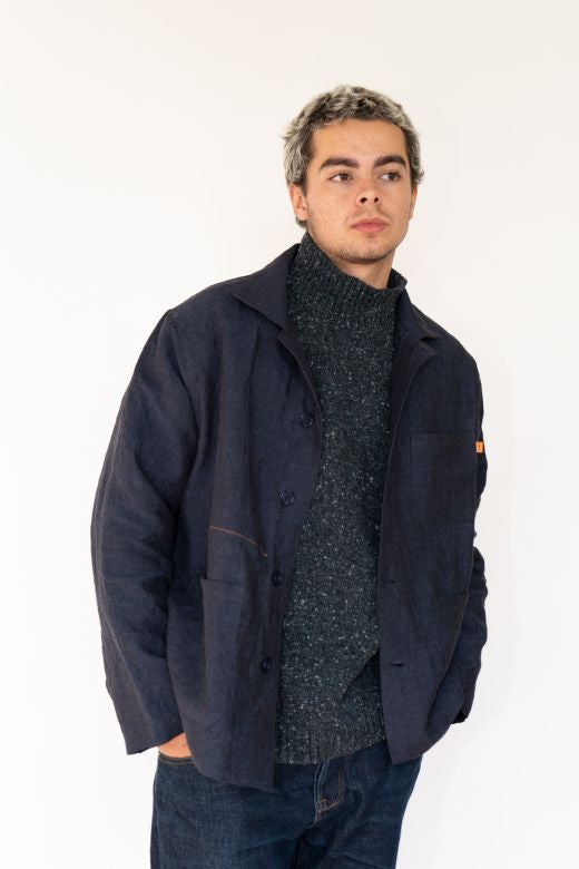 Navy Blue Linen Utility Jacket-Coats & Jackets-STABLE of Ireland