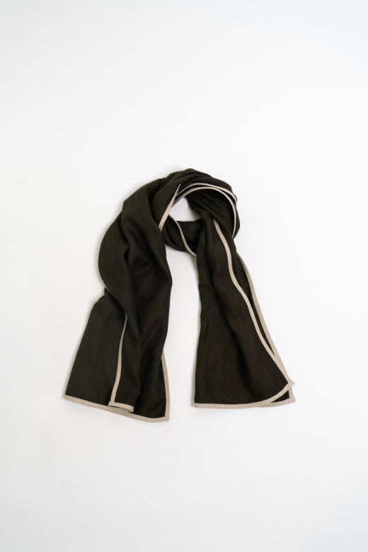 Peat Green with Cream Trim High Five Linen Scarf-Scarves & Shawls-STABLE of Ireland