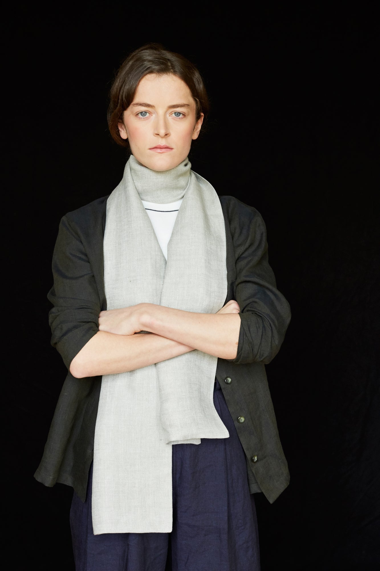 The STABLE Irish Linen Scarf - Dove Grey Great Herringbone-Scarves & Shawls-STABLE of Ireland