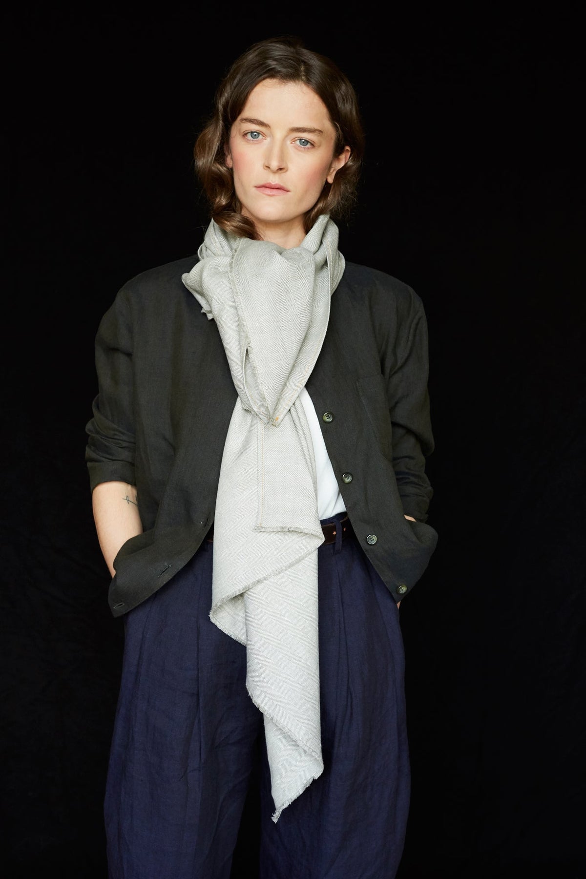 The STABLE Irish Linen Scarf - Dove Grey Great Herringbone-Scarves &amp; Shawls-STABLE of Ireland