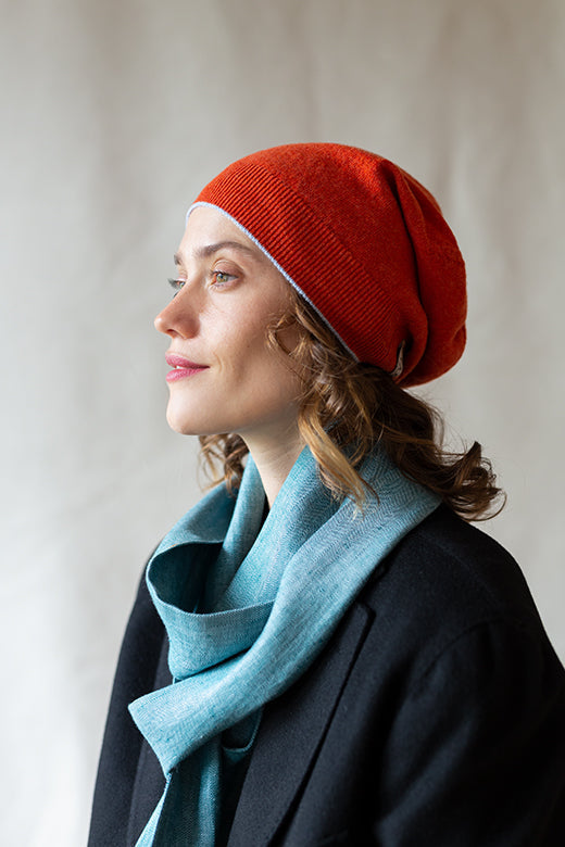 Burnt Orange Trim Cashmere Beanie-Hats-STABLE of Ireland