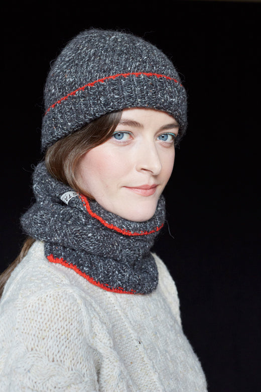 Charcoal Grey with Red Trim Merino Beanie-Hats-STABLE of Ireland