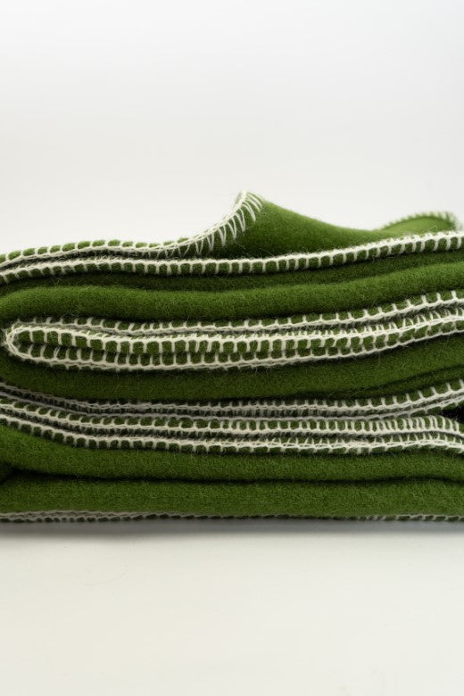 Green Wool Bed Blanket with Blanket Stitch-Blankets-STABLE of Ireland