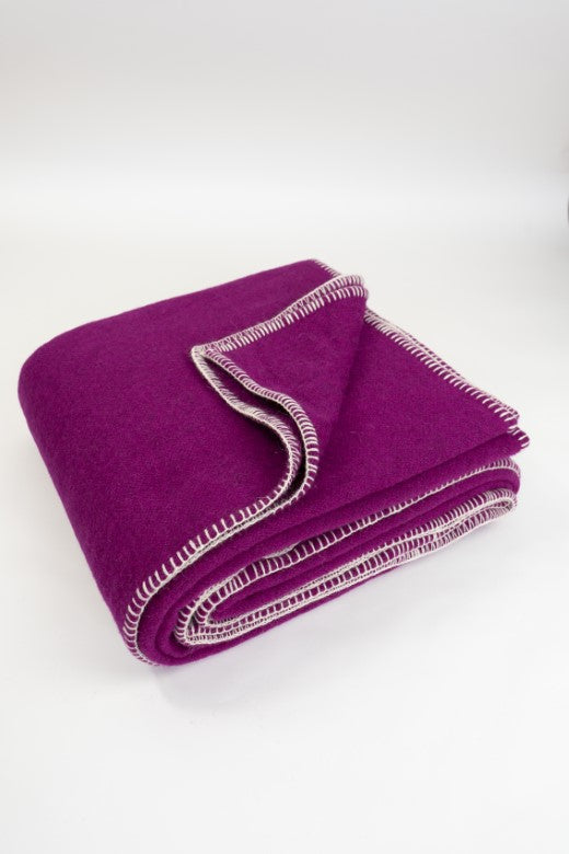 Magenta Purple Wool Bed Blanket with Blanket Stitch-Blankets-STABLE of Ireland