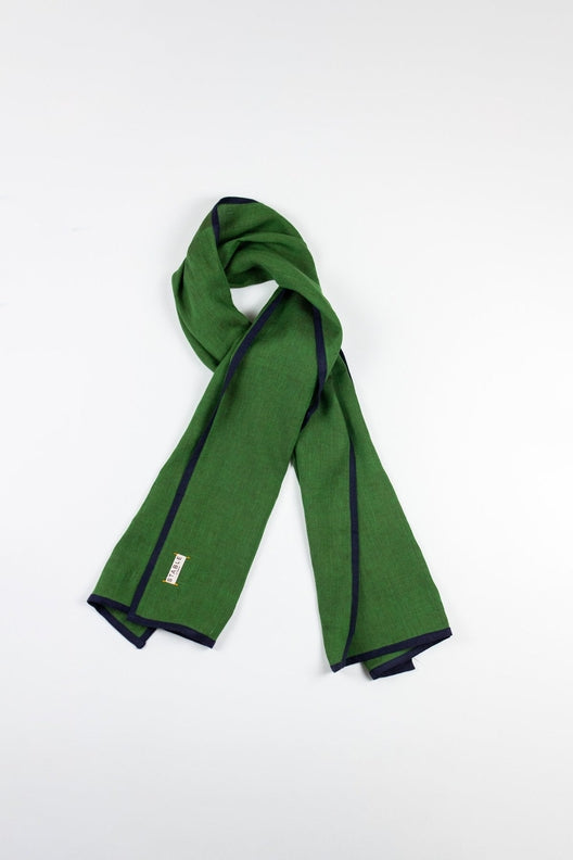 Moss Green with Navy Trim High Five Linen Scarf-Scarves & Shawls-STABLE of Ireland