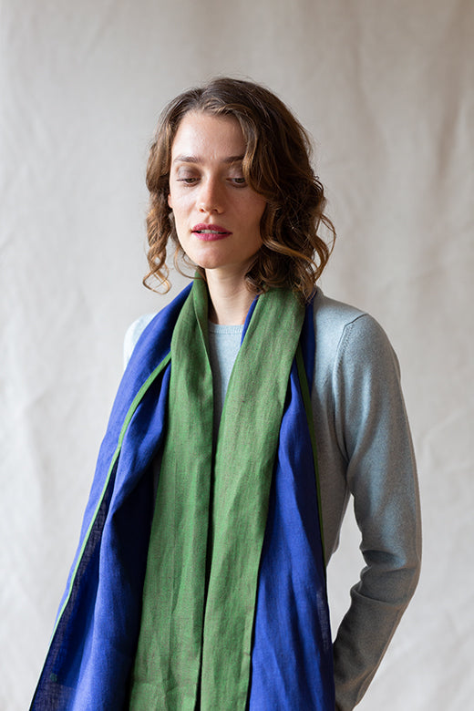 Moss Green with Navy Trim High Five Linen Scarf-Scarves & Shawls-STABLE of Ireland