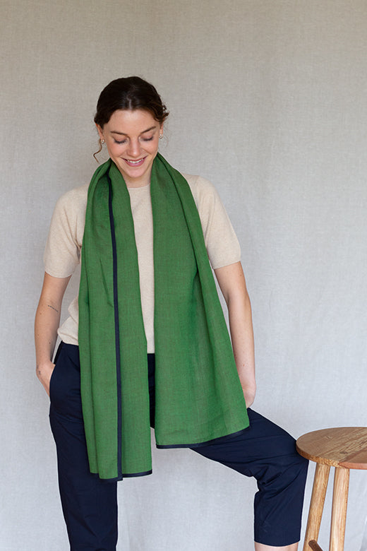 Moss Green with Navy Trim High Five Linen Scarf-Scarves &amp; Shawls-STABLE of Ireland