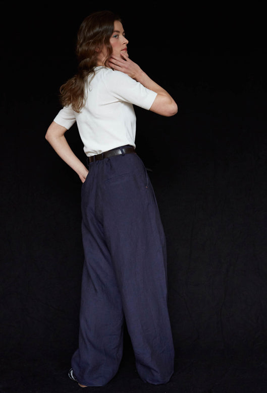 Navy Pleated Wide Irish Linen Trousers-Trousers-STABLE of Ireland