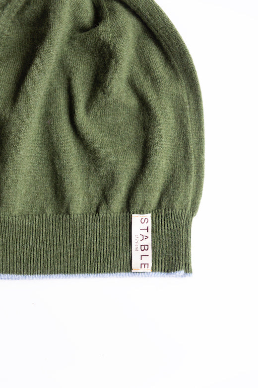 Olive Green Trim Cashmere Beanie-Hats-STABLE of Ireland