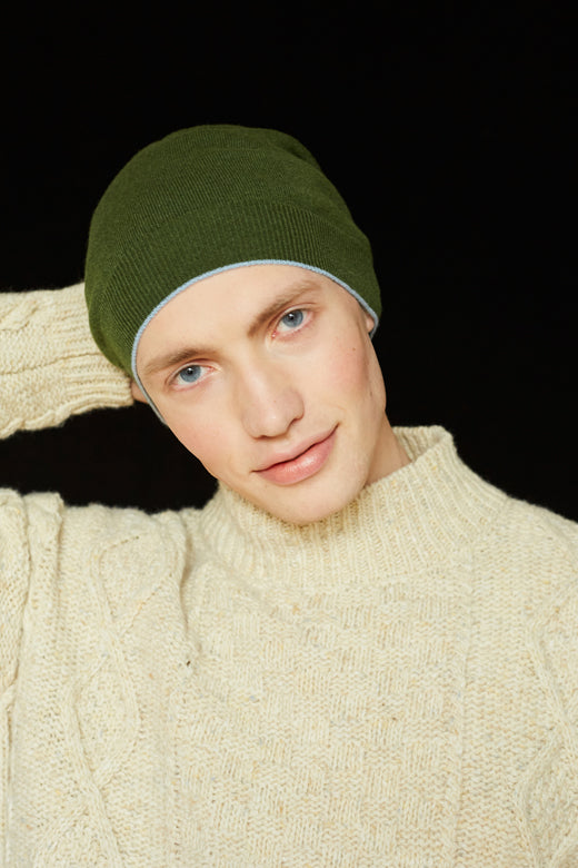 Olive Green Trim Cashmere Beanie-Hats-STABLE of Ireland