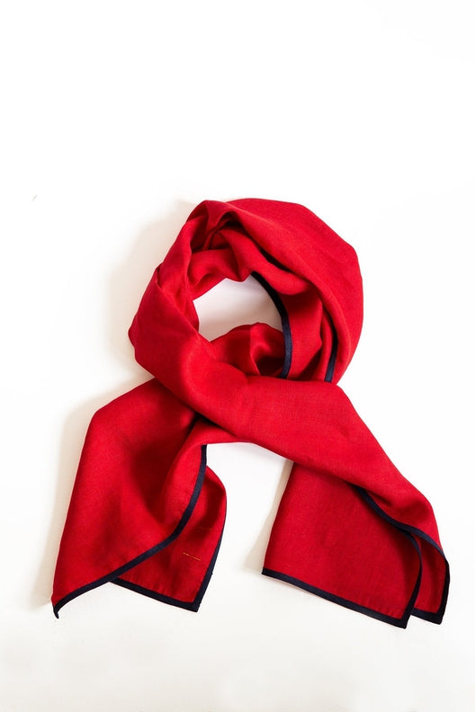 Red with Navy Trim High Five Linen Scarf-Scarves & Shawls-STABLE of Ireland