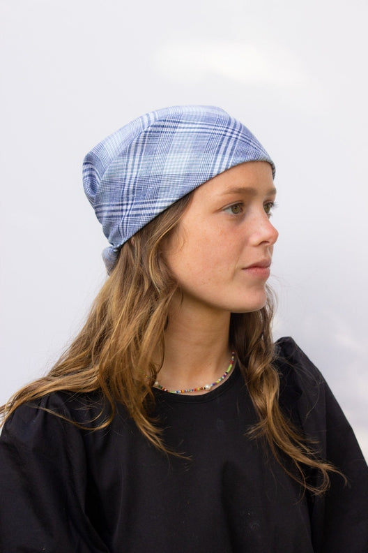 Sky Blue Check Lily Headscarf-Scarves & Shawls-STABLE of Ireland