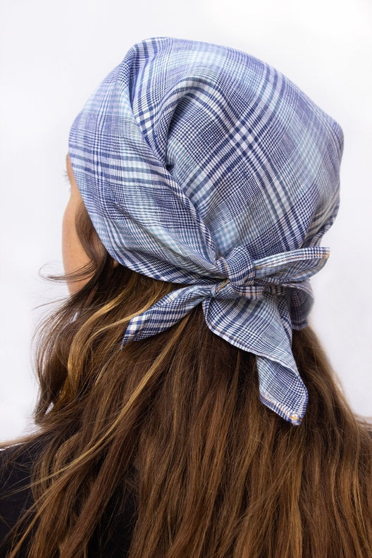 Sky Blue Check Lily Headscarf-Scarves & Shawls-STABLE of Ireland