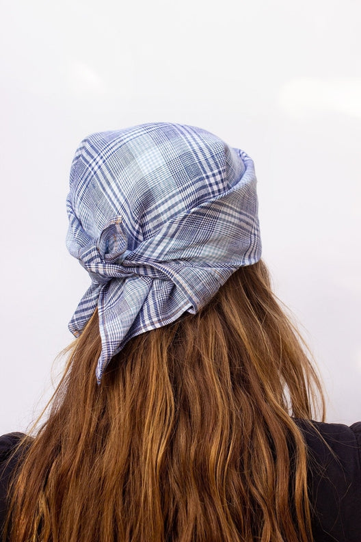 Sky Blue Check Lily Headscarf-Scarves & Shawls-STABLE of Ireland