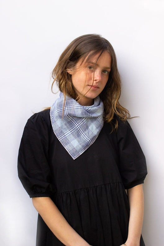 Sky Blue Check Lily Headscarf-Scarves & Shawls-STABLE of Ireland