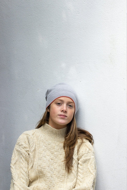 Grey Trim Cashmere Beanie-Hats-STABLE of Ireland