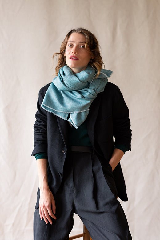 The STABLE Irish Linen Scarf - Connemara Blue Herringbone-Scarves & Shawls-STABLE of Ireland