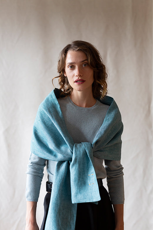 The STABLE Irish Linen Scarf - Connemara Blue Herringbone-Scarves & Shawls-STABLE of Ireland