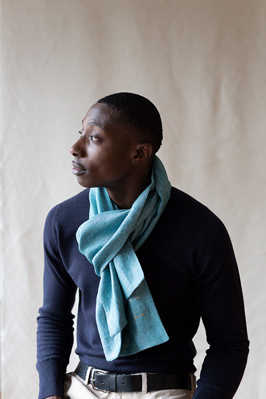 The STABLE Irish Linen Scarf - Connemara Blue Herringbone-Scarves & Shawls-STABLE of Ireland